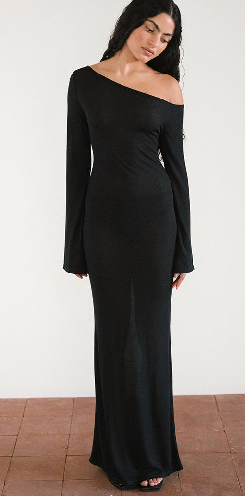 image of Aldiana Long Sleeve Asymmetric Maxi Dress in Sheer Knit Black