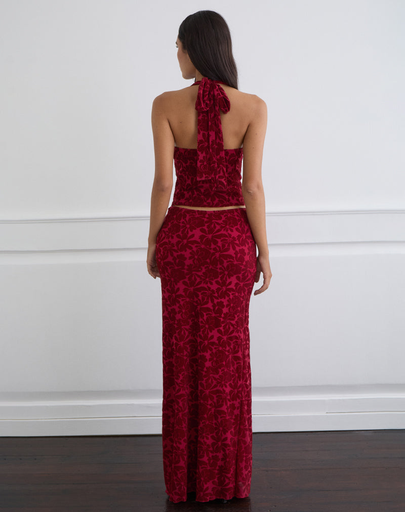 Image of Alfreda Maxi Skirt in Flocked Mesh Flower Cherry