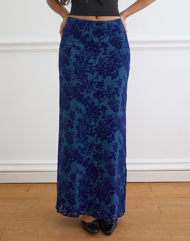 Image of Alfreda Maxi Skirt in Midnight Leaf Flock Navy