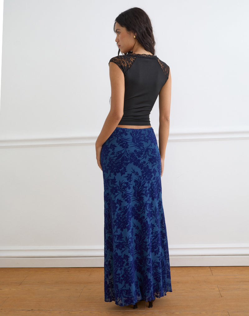 Image of Alfreda Maxi Skirt in Midnight Leaf Flock Navy
