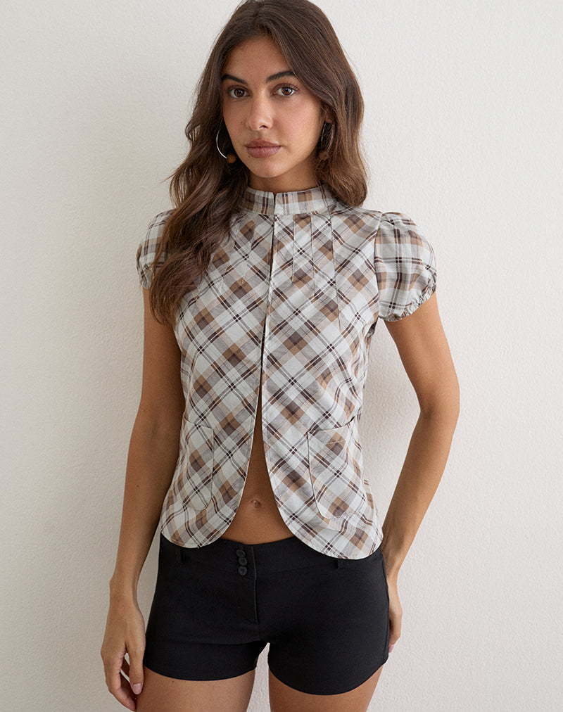 Image of Alnira Pea Coat Top in Angled Check Brown