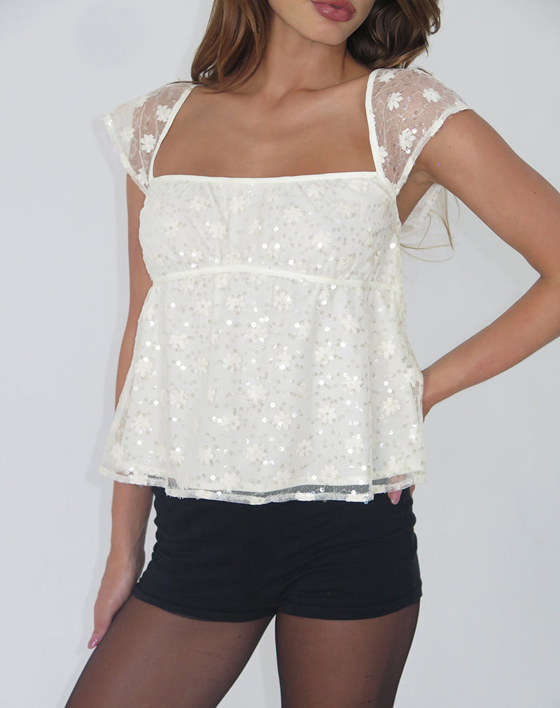 Aloysia Top in Sequin Lace Ivory