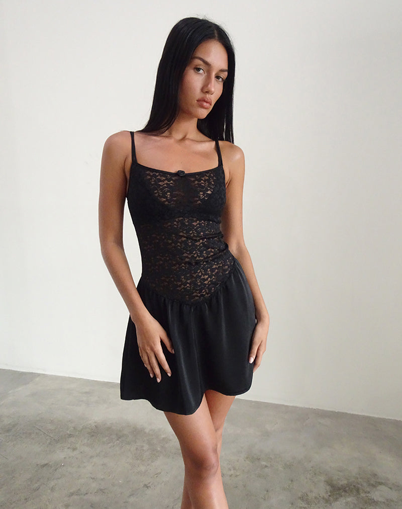 chinese dress ladies Black Satin Lace Cami Slip Mini Dress – Aquarius Brand main image 1