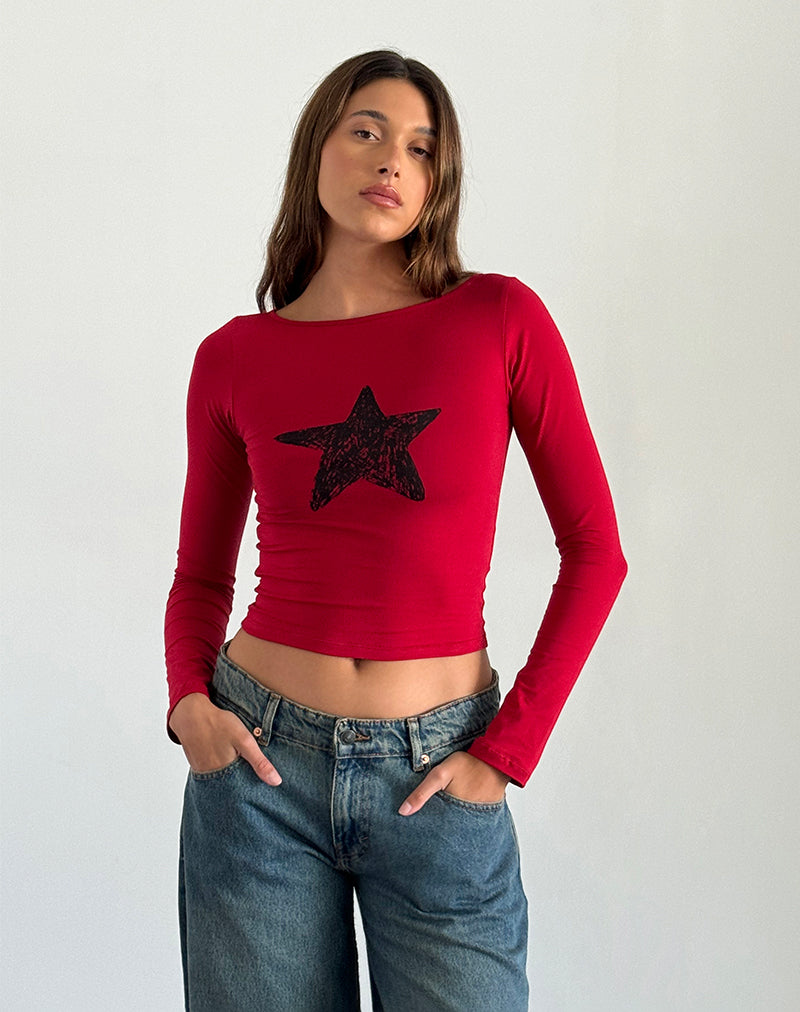 Amabon Long Sleeve Top in Adrenaline Red with Black Star