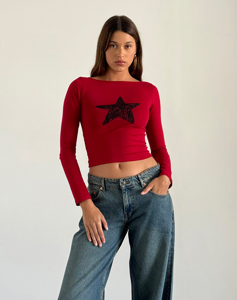 Adrenaline Red with Black Star Long Sleeve Top | Amabon – motelrocks-com-us