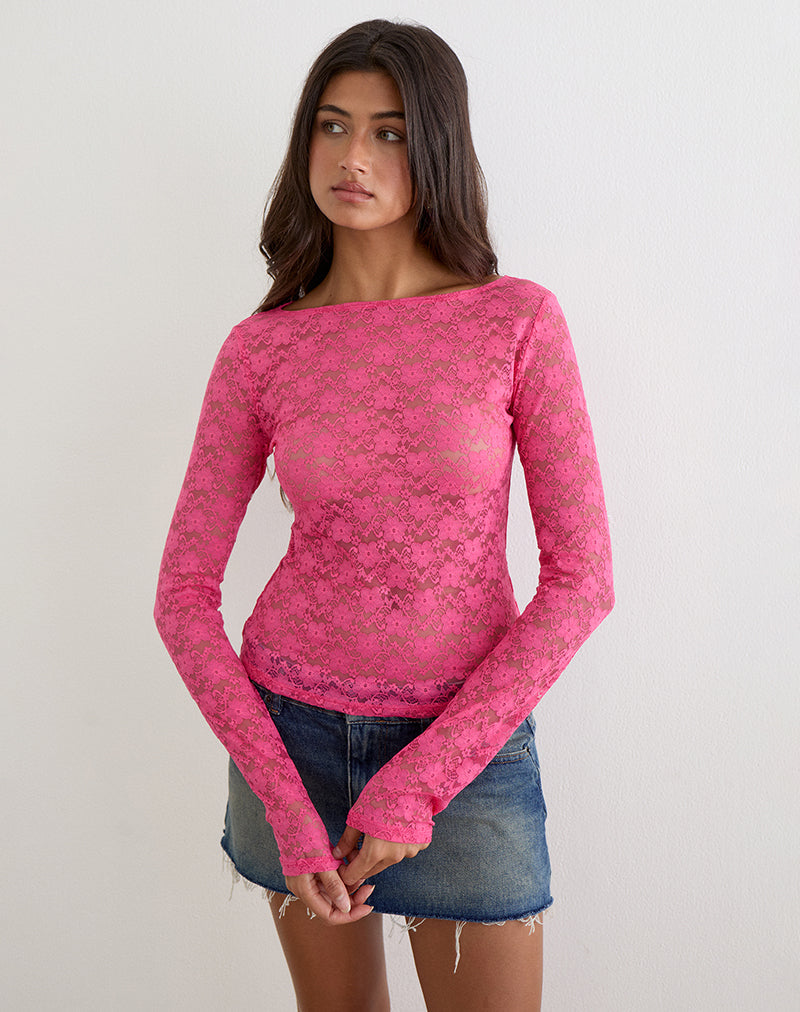 Hot Pink Lace Long Sleeve Top | Amabon – motelrocks-com-us