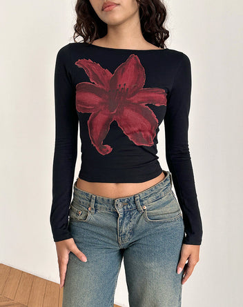 Bunon Black Flower Tie Back Top