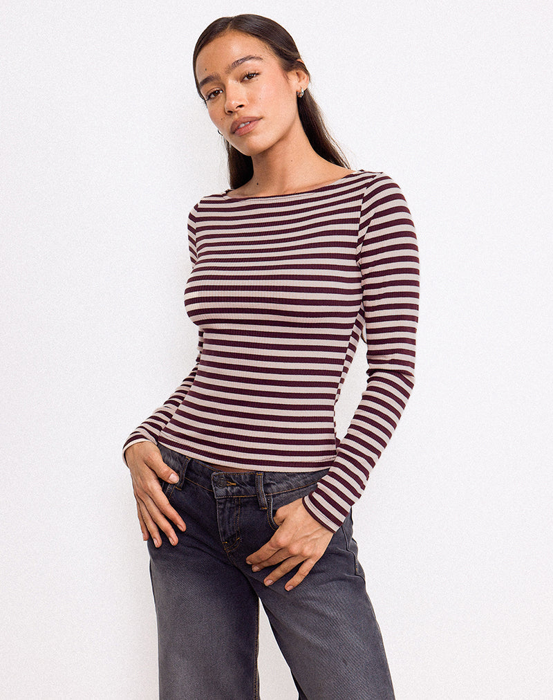 Amabon Long Sleeve Top in Tonal Brown Stripe