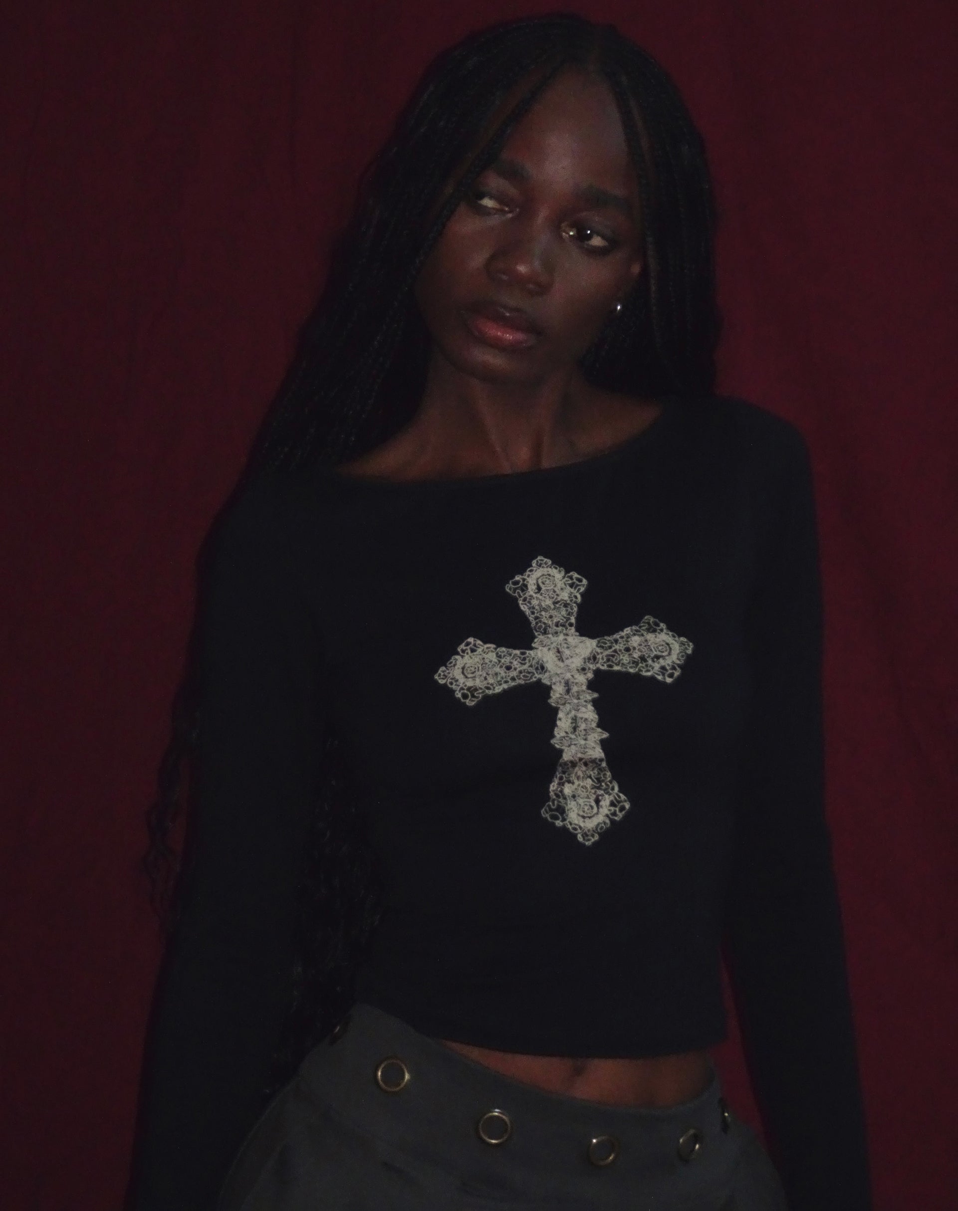 Black Cross Motif Long Sleeve Crop Top | Amabon – motelrocks-com-us
