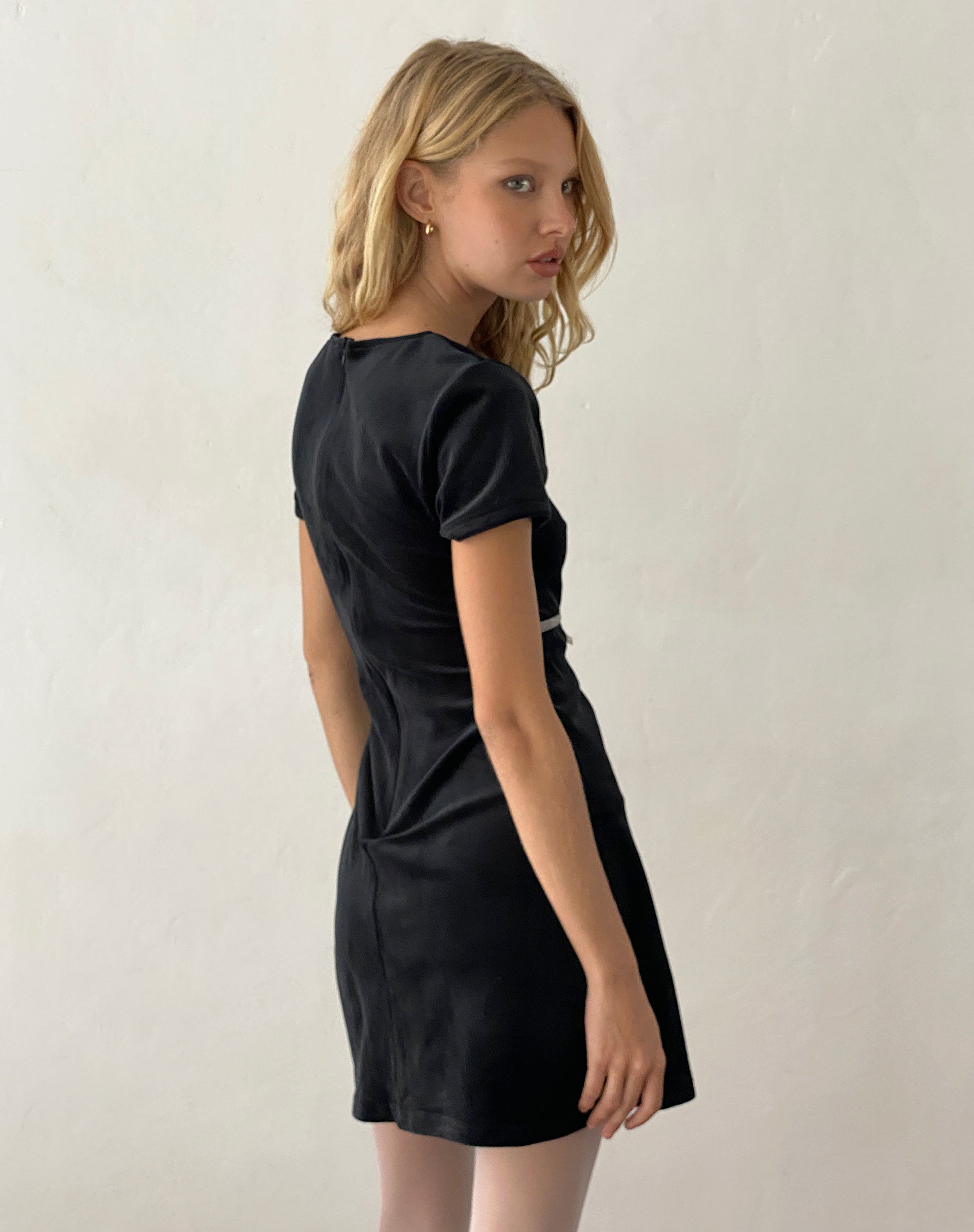 Amanda Mini Dress in Black Velvet with White Trim and Bow Amanda Mini Dress in Black Velvet with White Trim and Bow