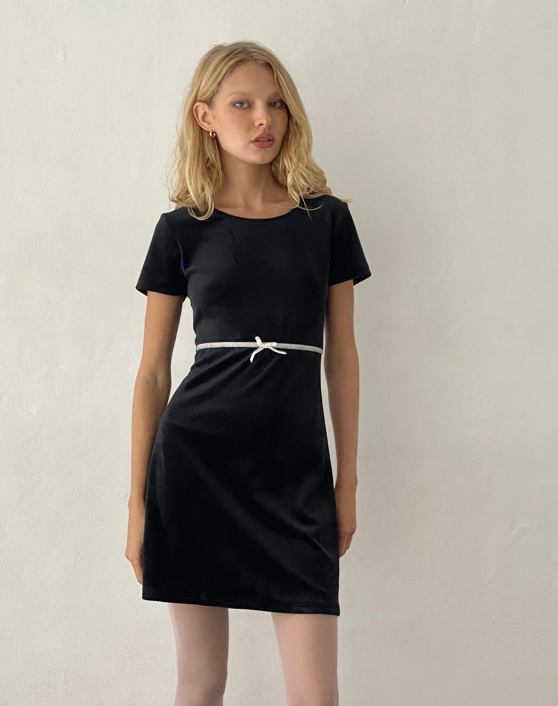 Amanda Mini Dress in Black Velvet with White Trim and Bow Amanda Mini Dress in Black Velvet with White Trim and Bow
