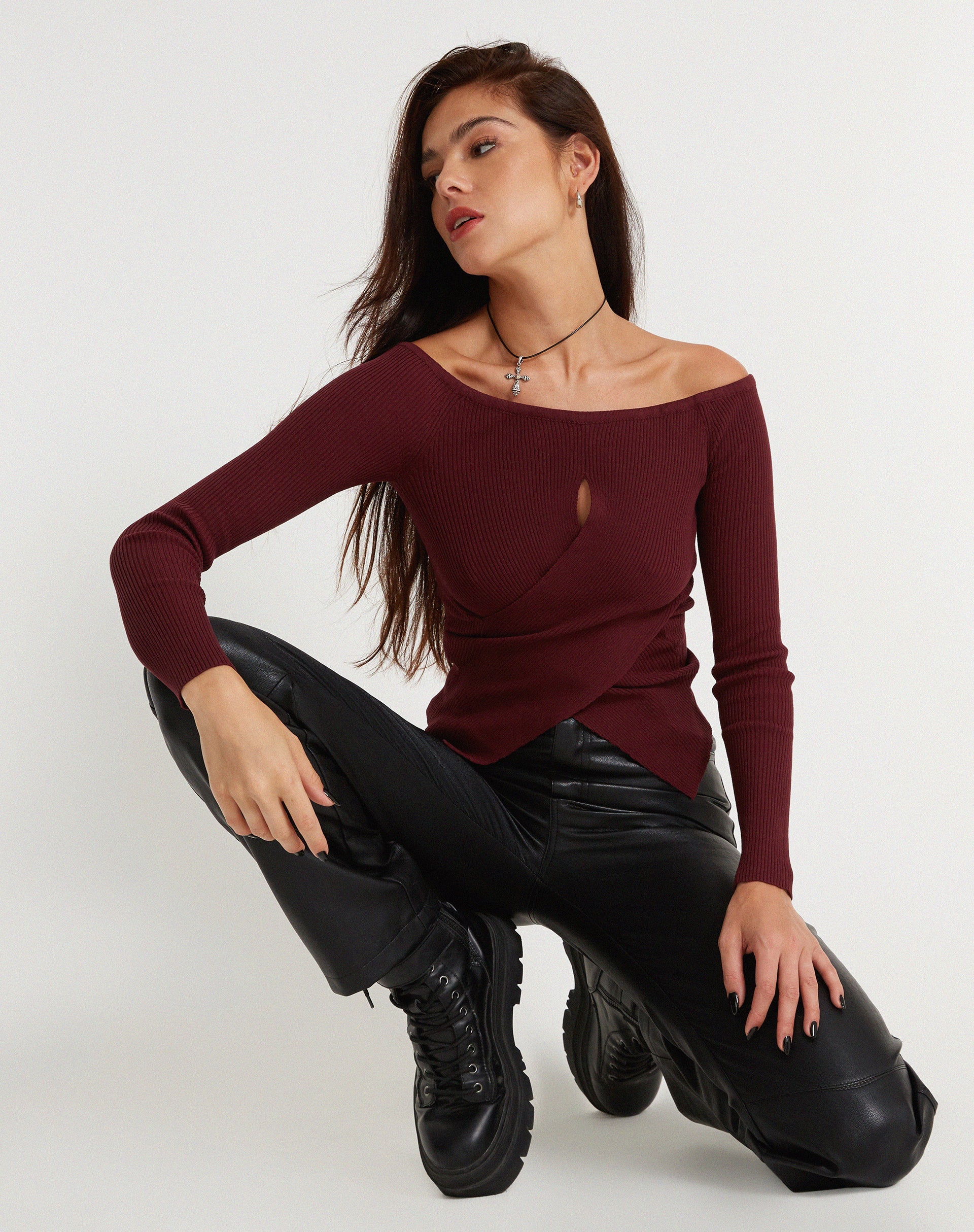 Image of Amandari Bardot Long Sleeve Top in Marron