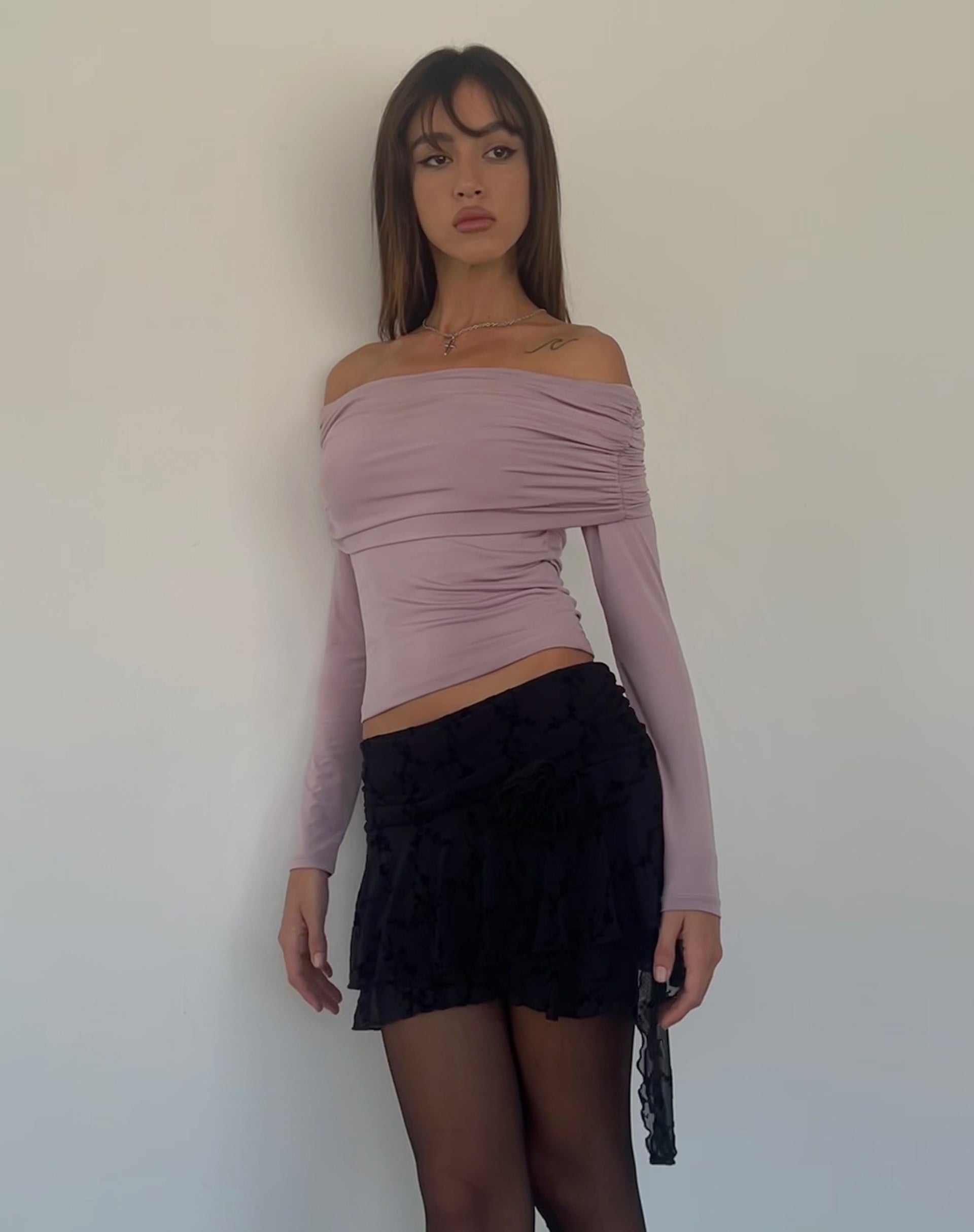 Image of Andi Long Sleeve Bardot Top in Slinky Mauve