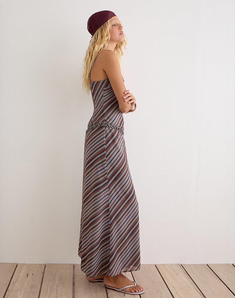 Angie Maxi Dress in Chiffon Grey and Maroon Diagonal Stripe , Loose Fit Angie Maxi Dress in Chiffon Grey and Maroon Diagonal Stripe , Loose Fit