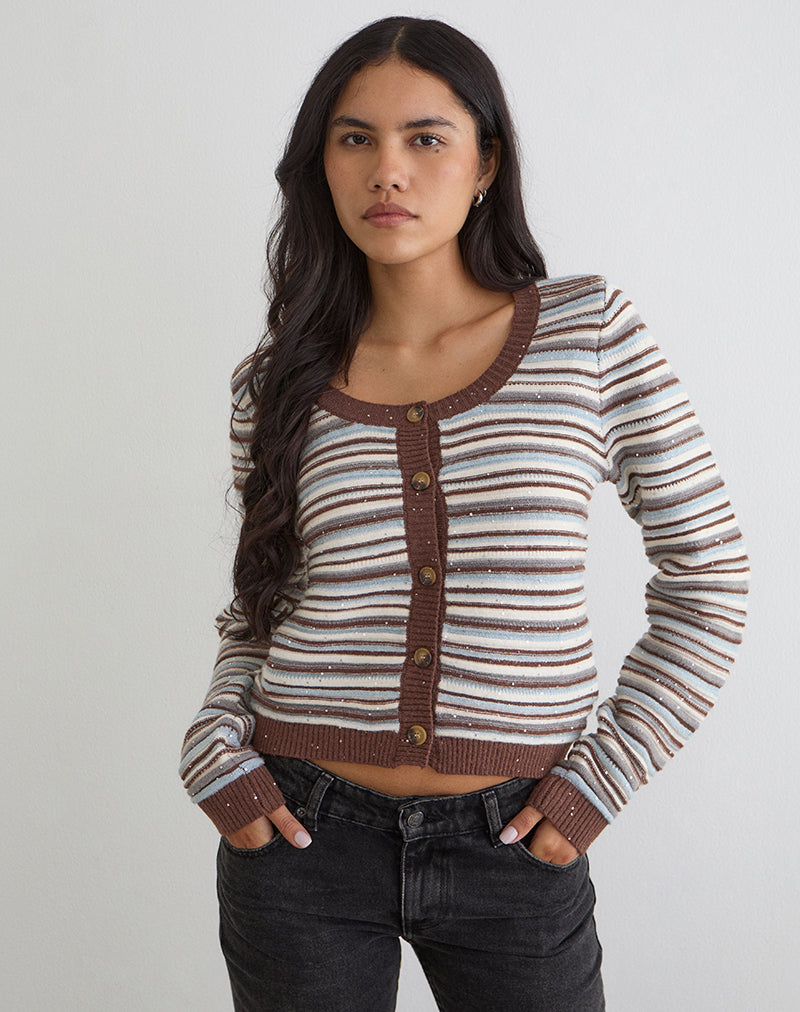 Aniha Long Sleeve Top in Knit Stripe Blue and Brown