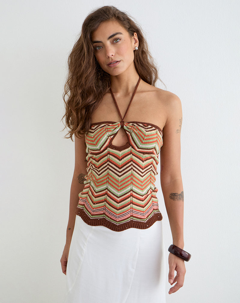 Green Multi Stripe Halterneck Metallic Knit Top | Anona – motelrocks-com-us