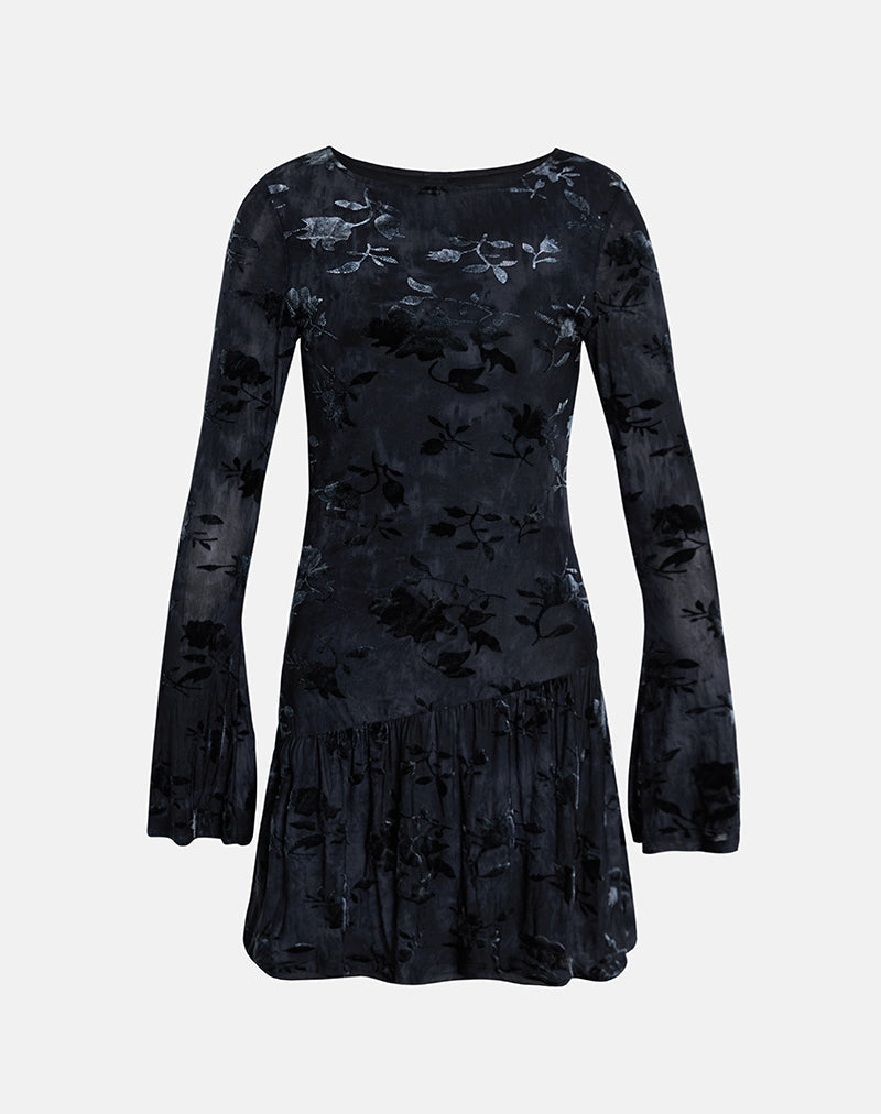 Image of Anyeli Mini Dress in Leaf Velvet Dark Blue