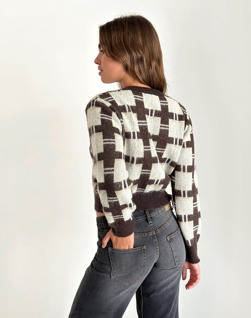 Image of Anzio Knitted Cardigan in Check Brown