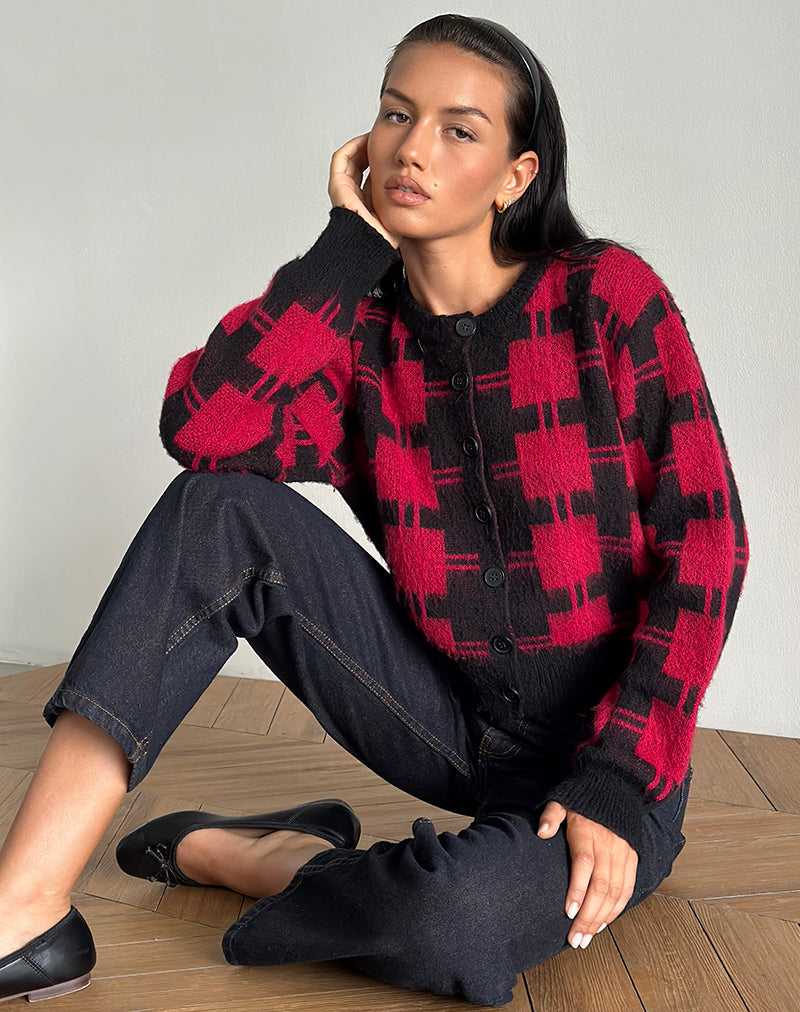 Anzio Cardigan in Black and Red Check Knit