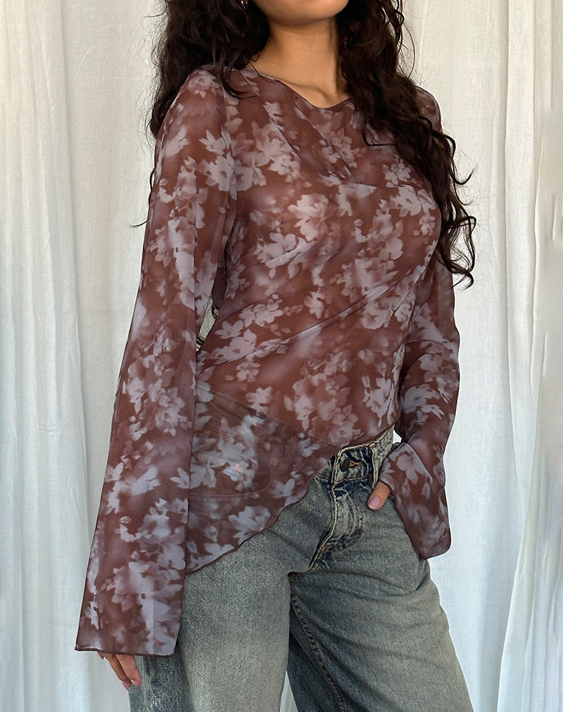 Botanical Shadow Brown Long Sleeve Mesh Top | Arcelia
