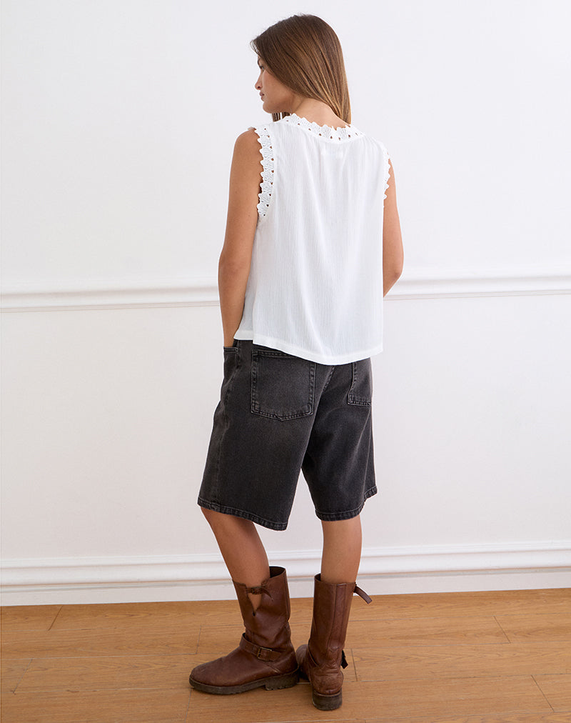 Image of Argya Plunge Tie Front Top in Rayon White with Lace Trim