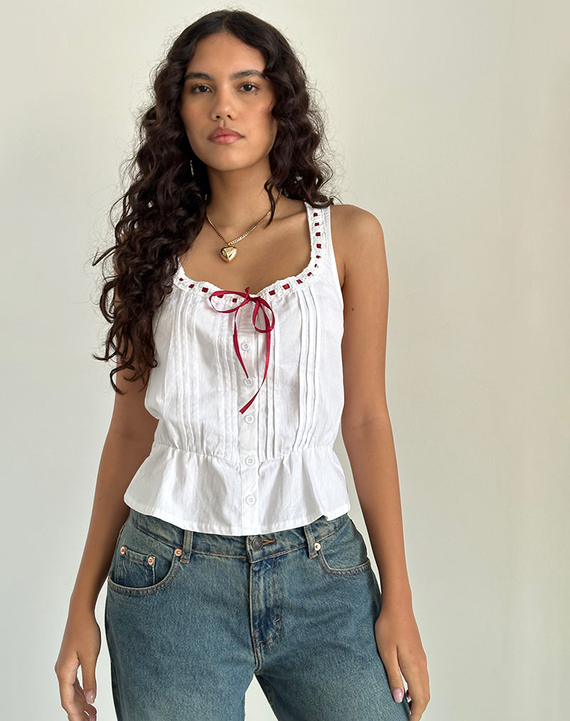 Image of Arhan Top in White Poplin with Red Trim