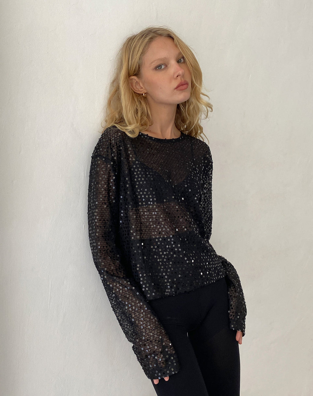 Aridani Unlined Long Sleeve Top in Black Sequin