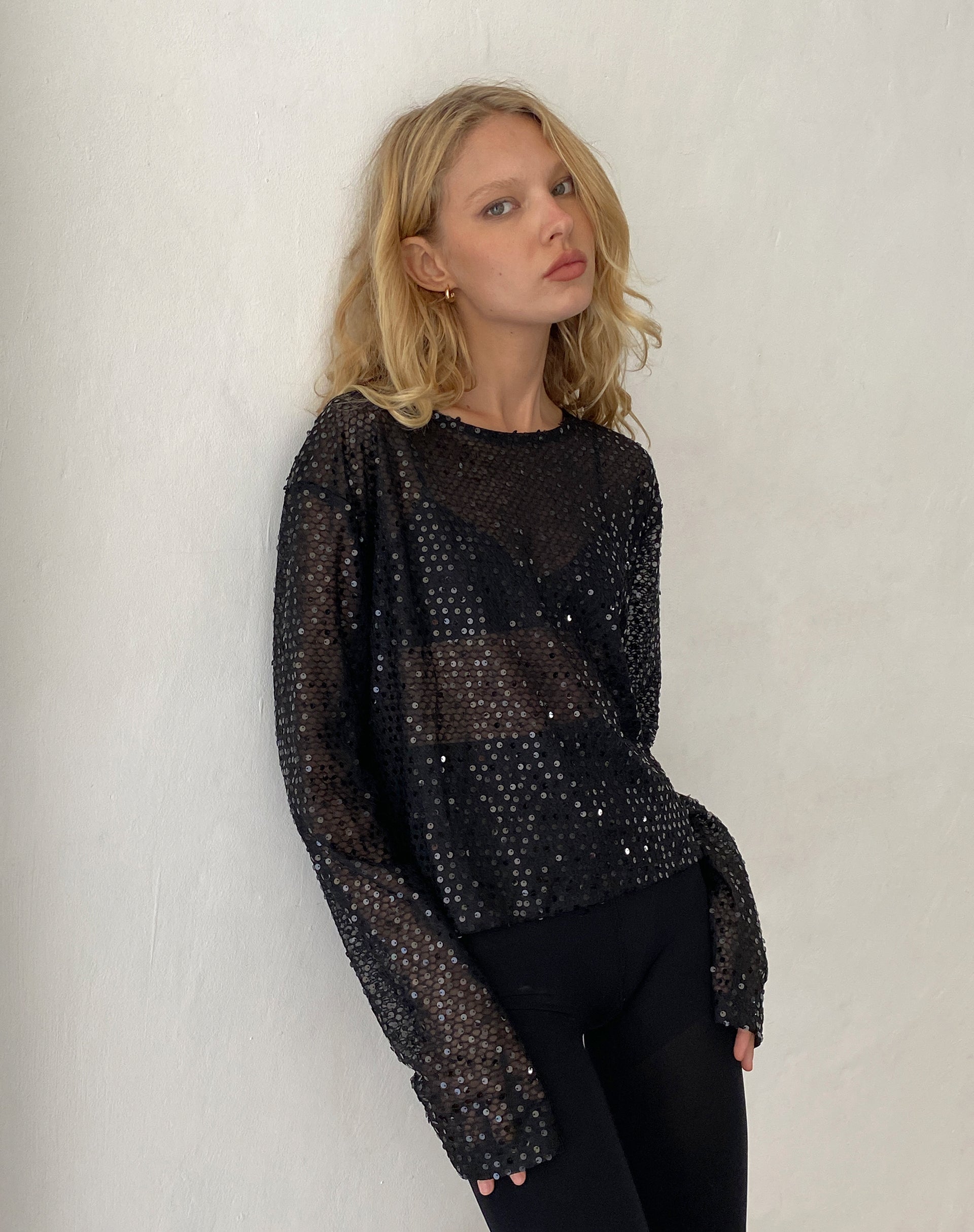 Image of Aridani Unlined Long Sleeve Top in Black Sequin