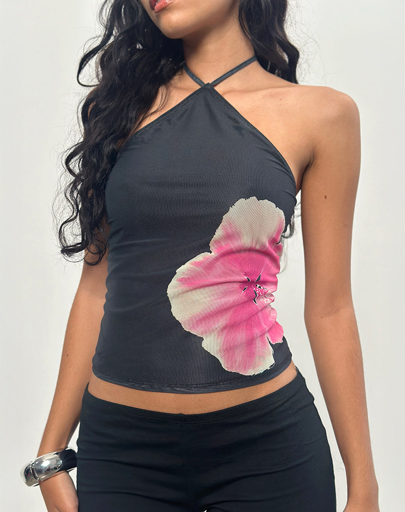 Image of Arira Halterneck Top in Black with Pink Watercolour Flower