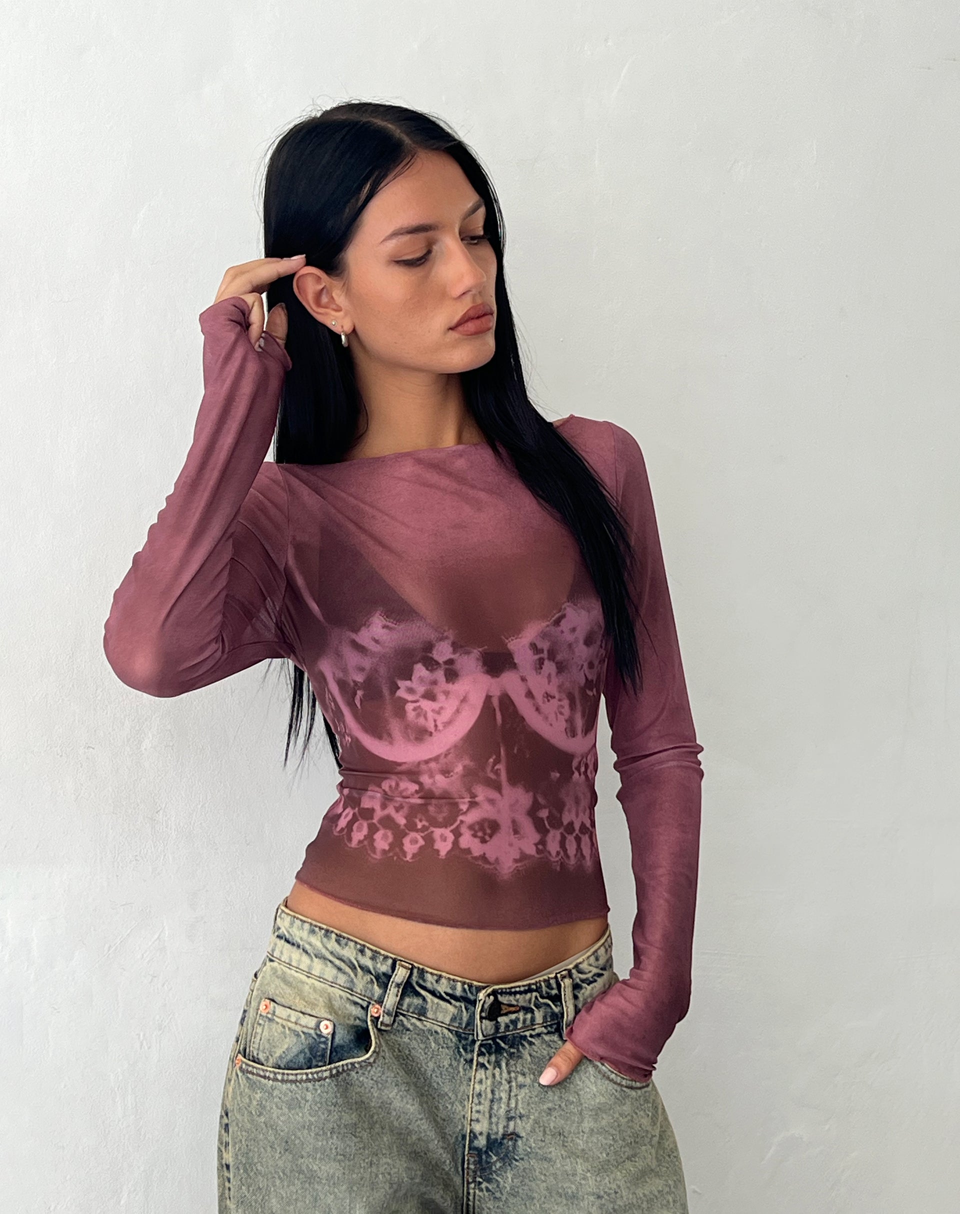 Image of Armali Long Sleeve Top in Burgundy with Lace Bra Scan