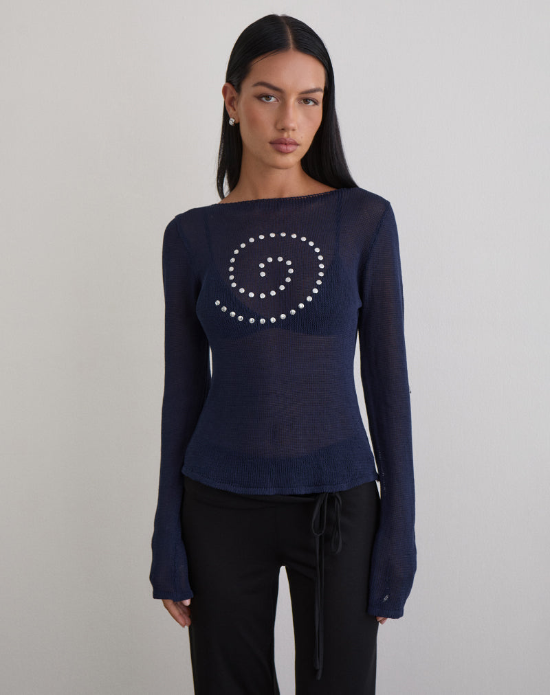 Armali Long Sleeve Top in Stud Sheer Knit Navy
