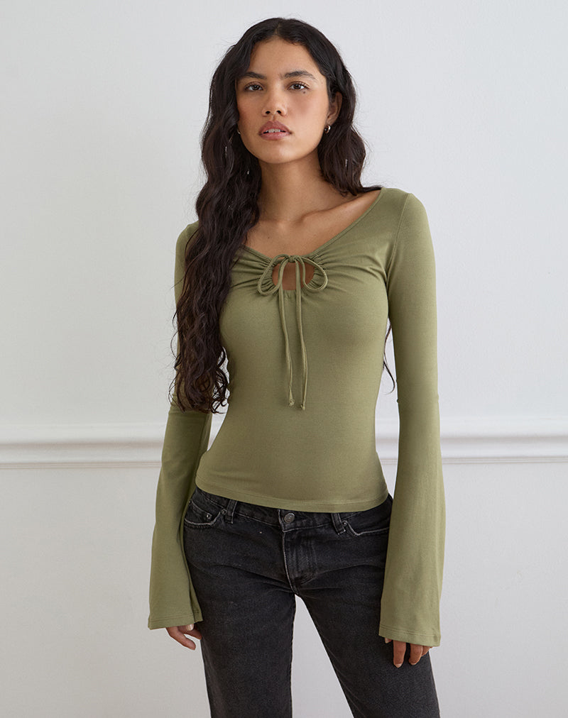 Image of Armel Long Sleeve Keyhole Top in Rayon Jersey Khaki