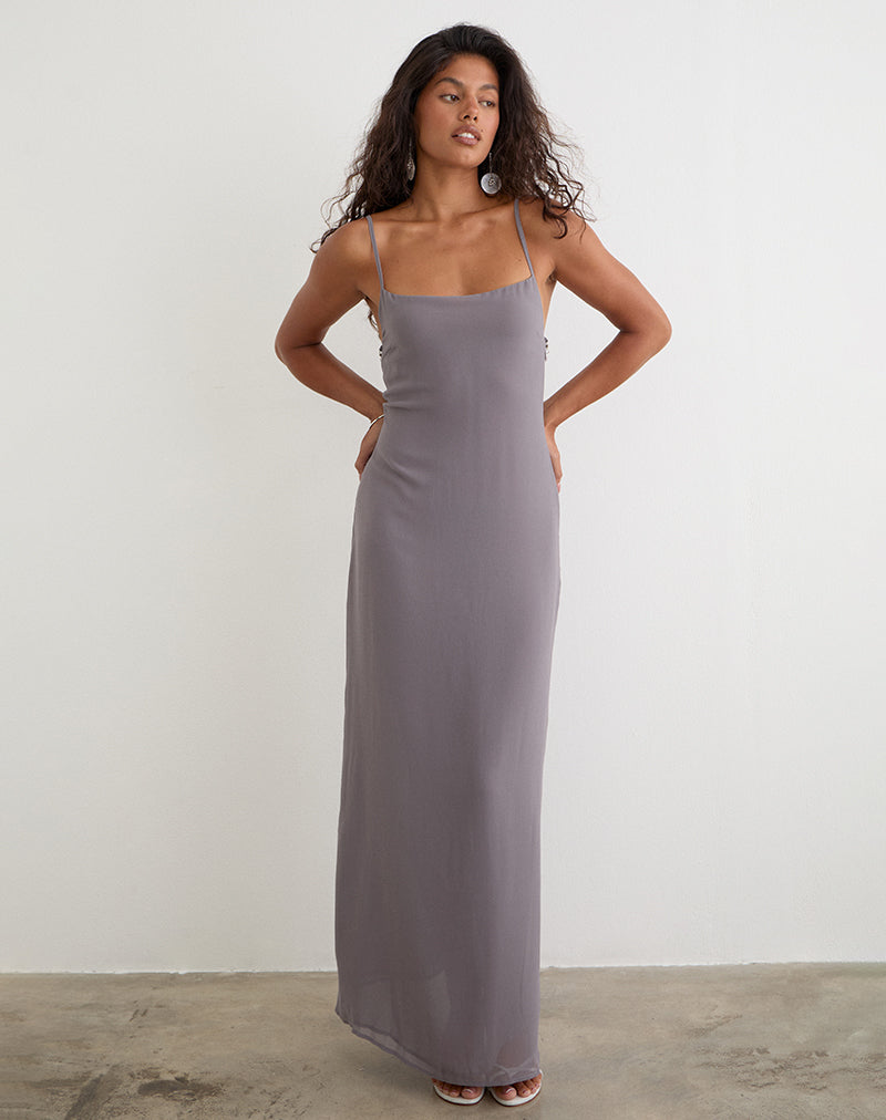 Silver Grey Polka Dot Monochrome Chiffon Maxi Dress | Sardian