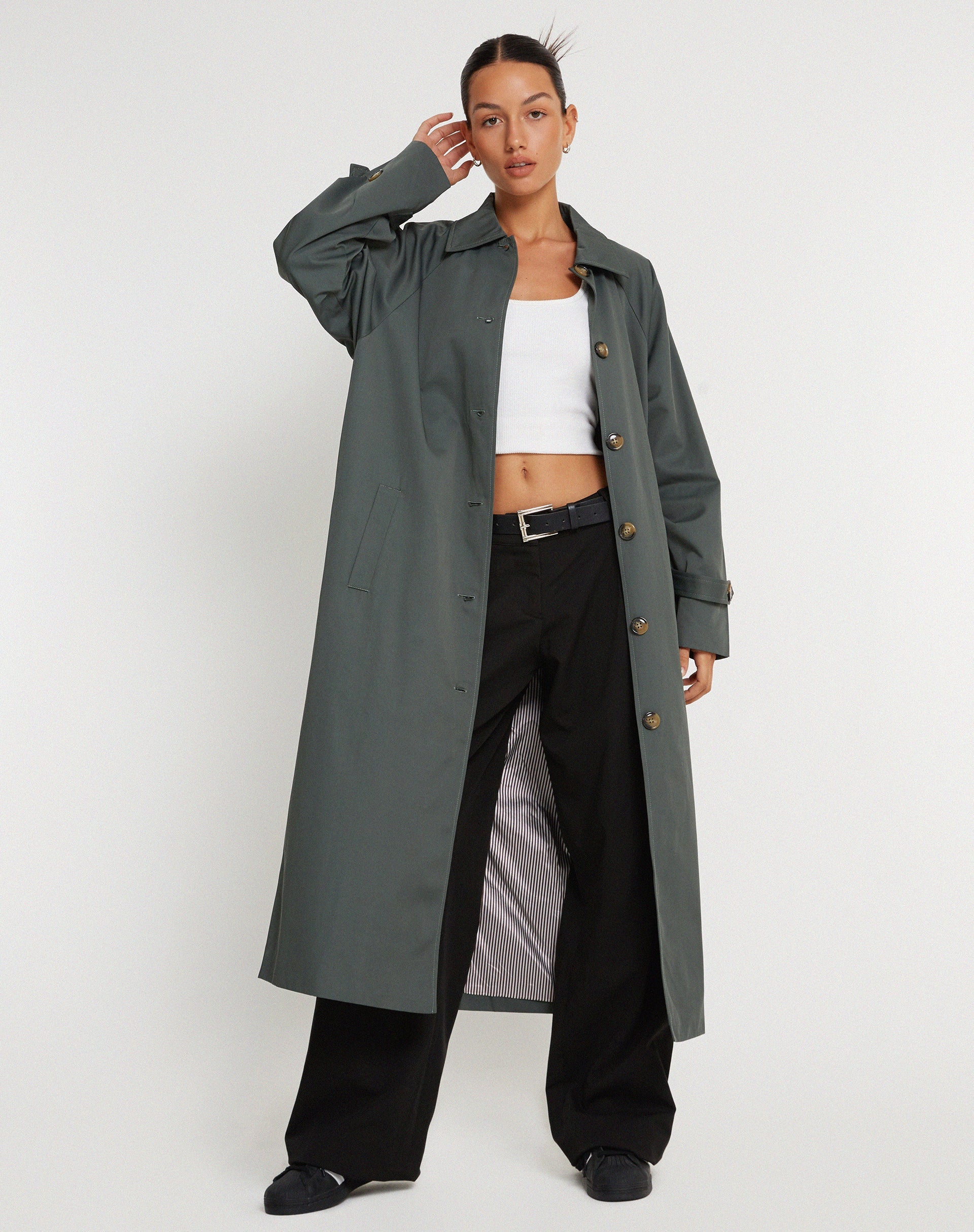 image of Assa Trench Coat in Light Charcoal with Stripe Lining