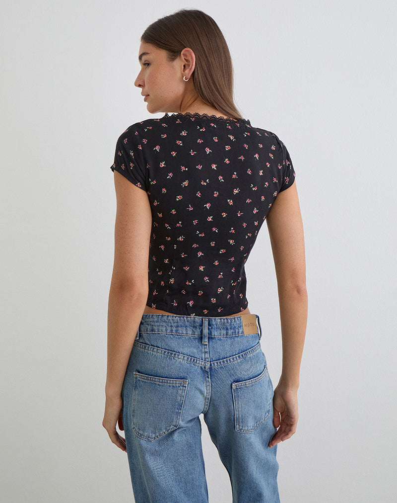 Black with Red Rose Ditsy Print Top | Asana – motelrocks-com-us