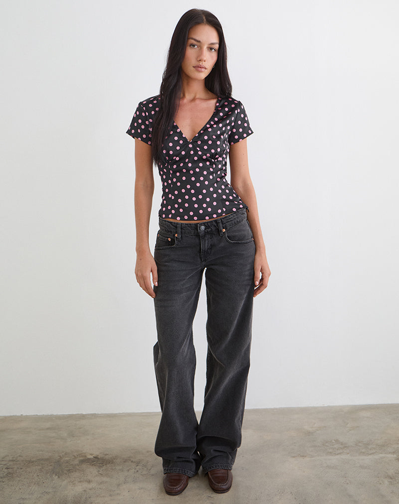 Image of Asena Top in Black Satin Scattered with Pink Polka