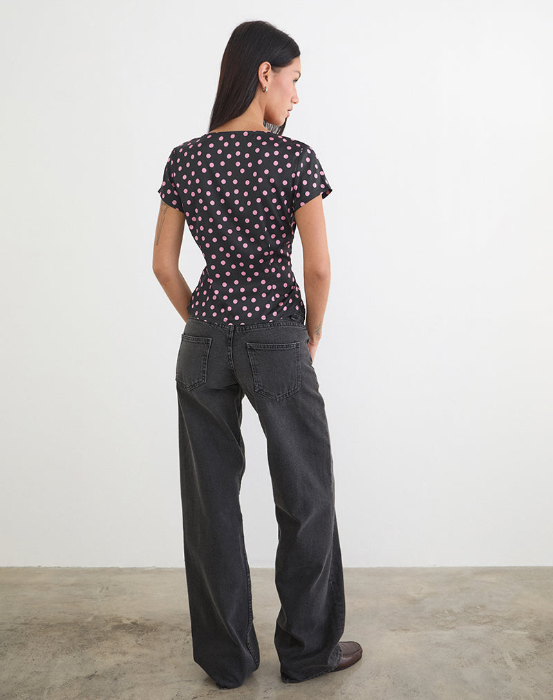 Image of Asena Top in Black Satin Scattered with Pink Polka