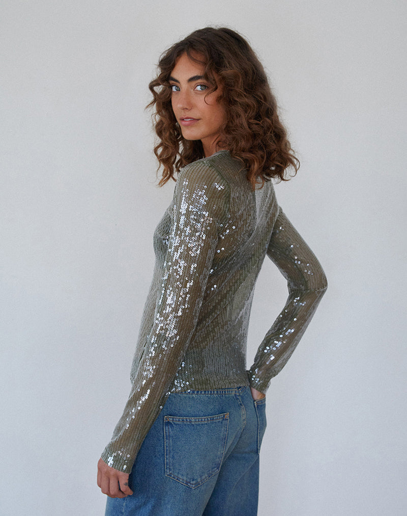 Ashram Top in Clear Khaki Green Sequin