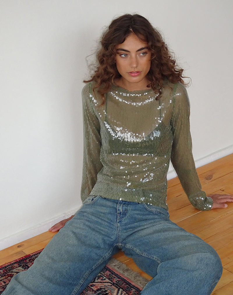 Image of Ashram Top in Clear Khaki Green Sequin