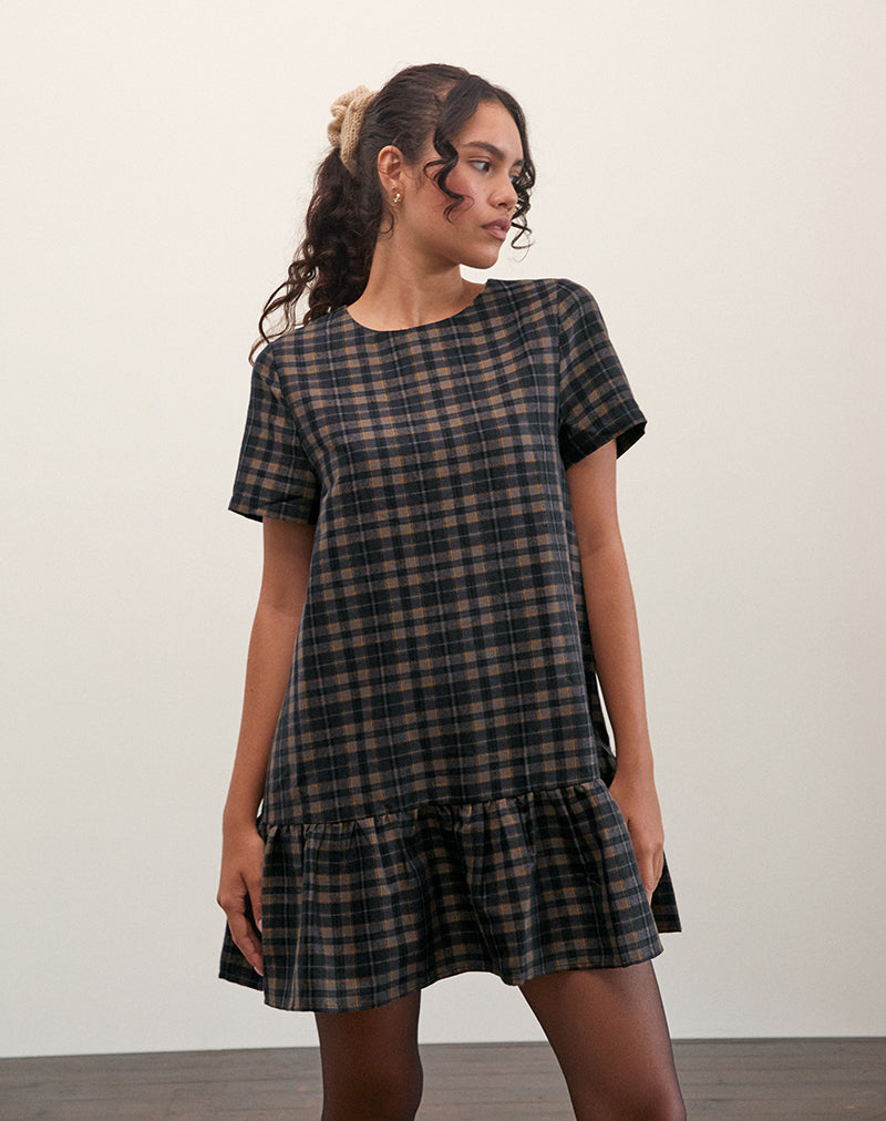 Image of Asterin Mini Smock Dress in Navy Mustard Check