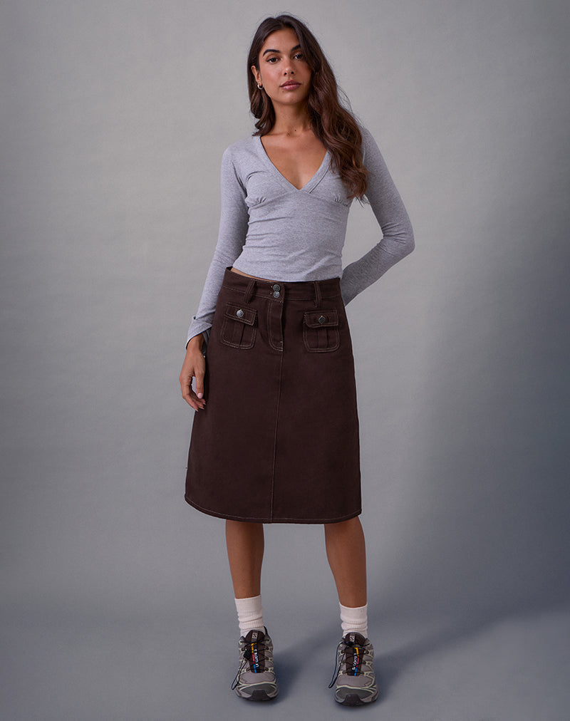 Image of Astor Midi Skirt in Brown with Contrast Stitch