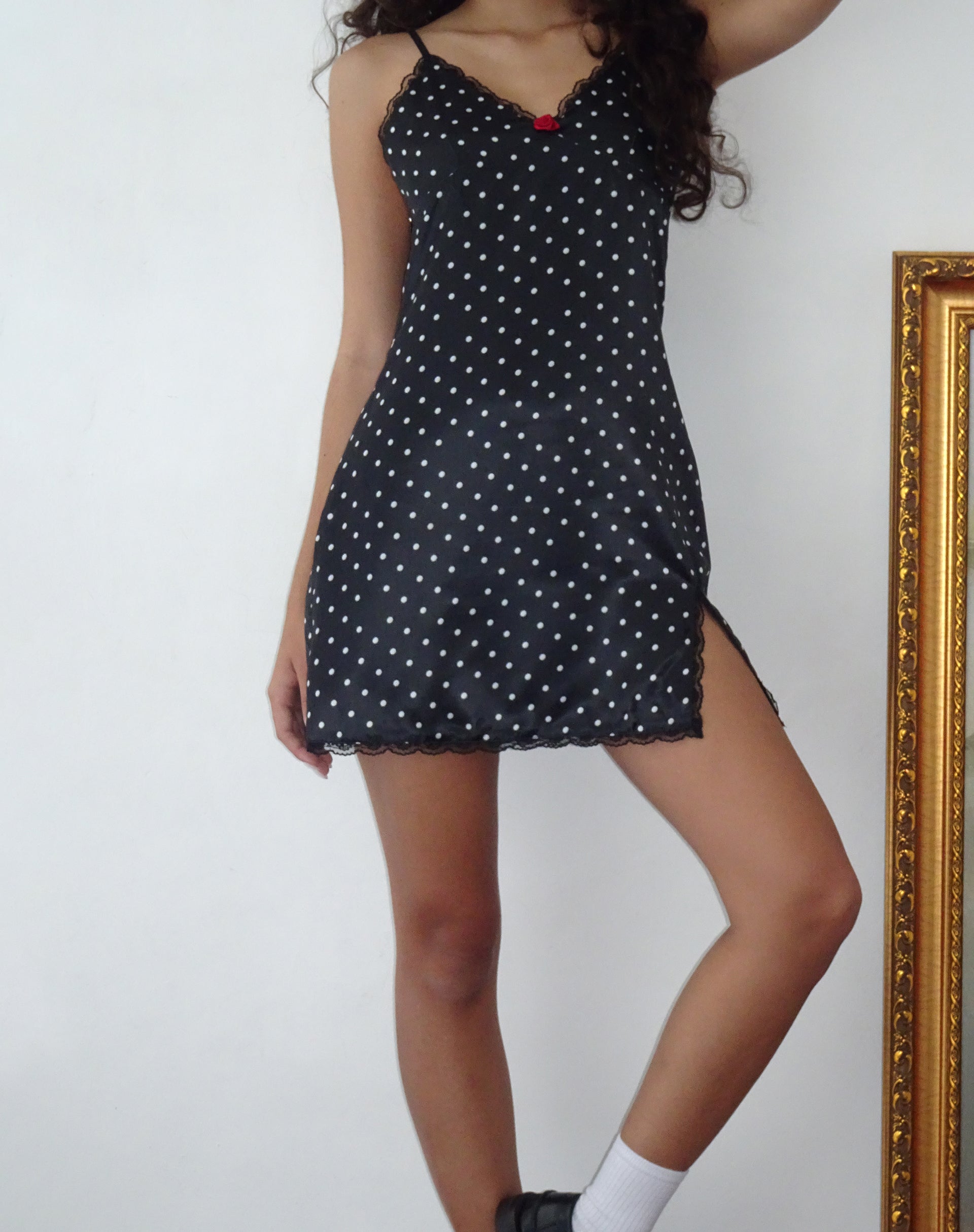 Image of Astrid Satin Mini Dress in Polka Dot Black