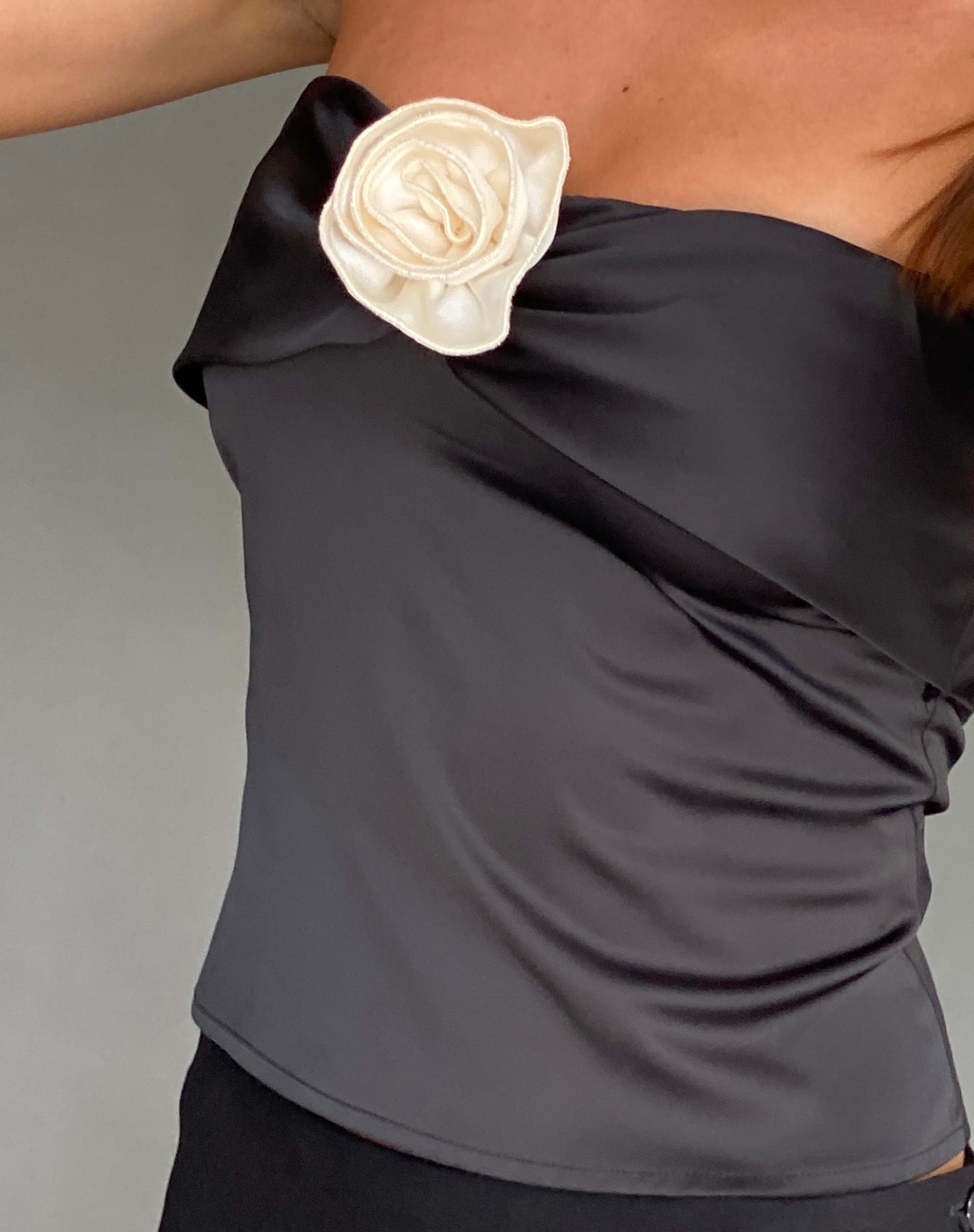 Image of Astrum Bandeau Satin Top in Black with Rosette