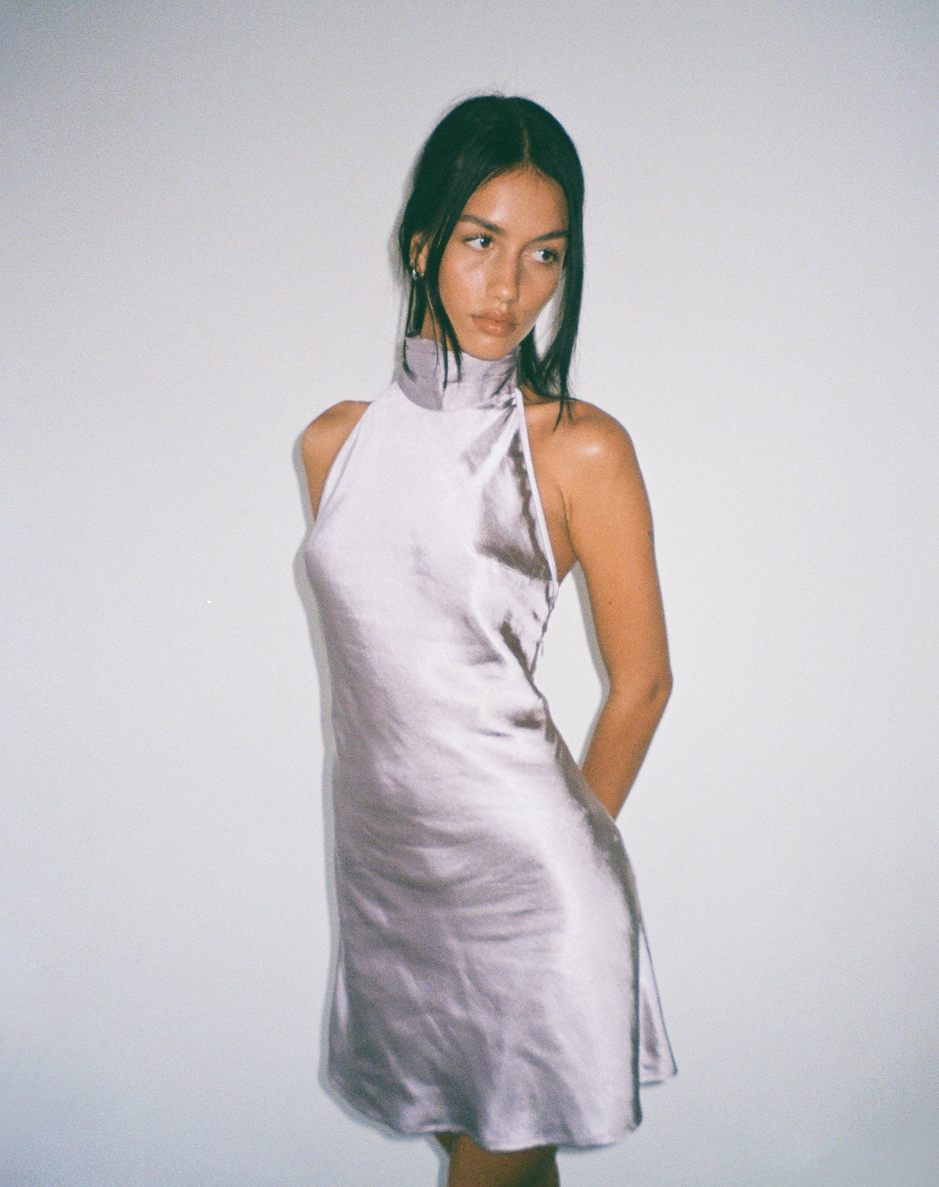 image of MOTEL X JACQUIE Atik Halterneck Mini Dress in Satin Silver