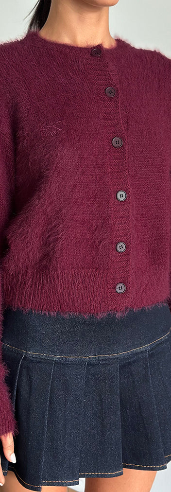 Fluffy Knitted Pearl Cardigan Burgundy