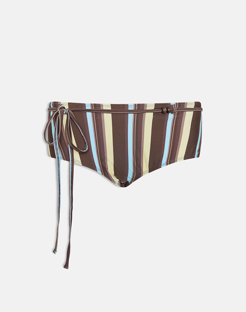 Image of Avi Swim Short in Brown and Blue Linear Stripe with Tie Waist