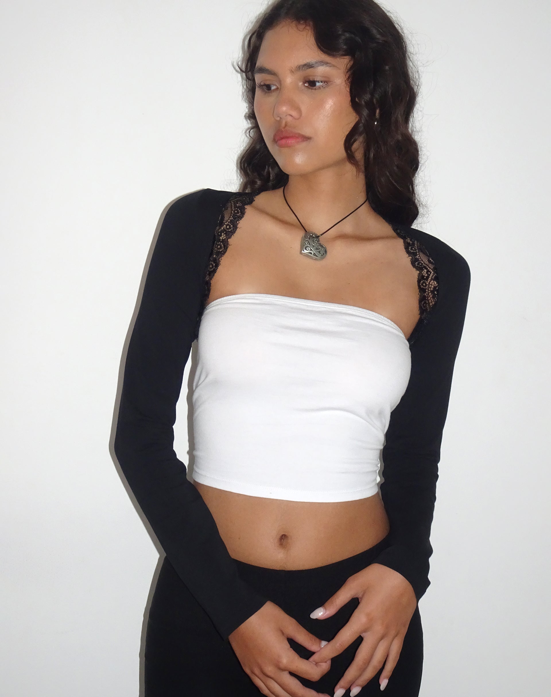Image of Avya Lace Trim Shrug Top in Lycra Lace Black