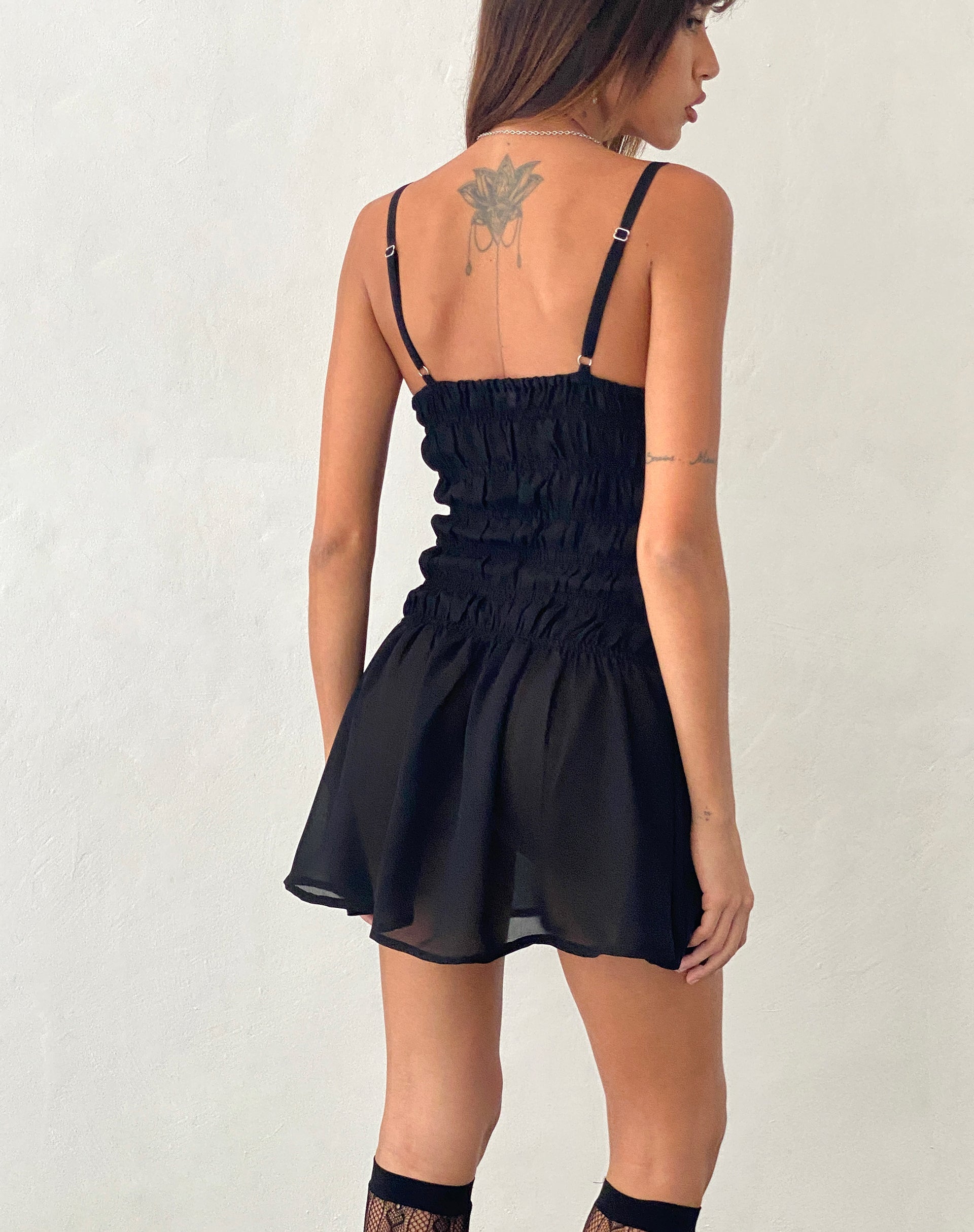 Axely Shirred Mini Dress in Chiffon Black – motelrocks-com-us