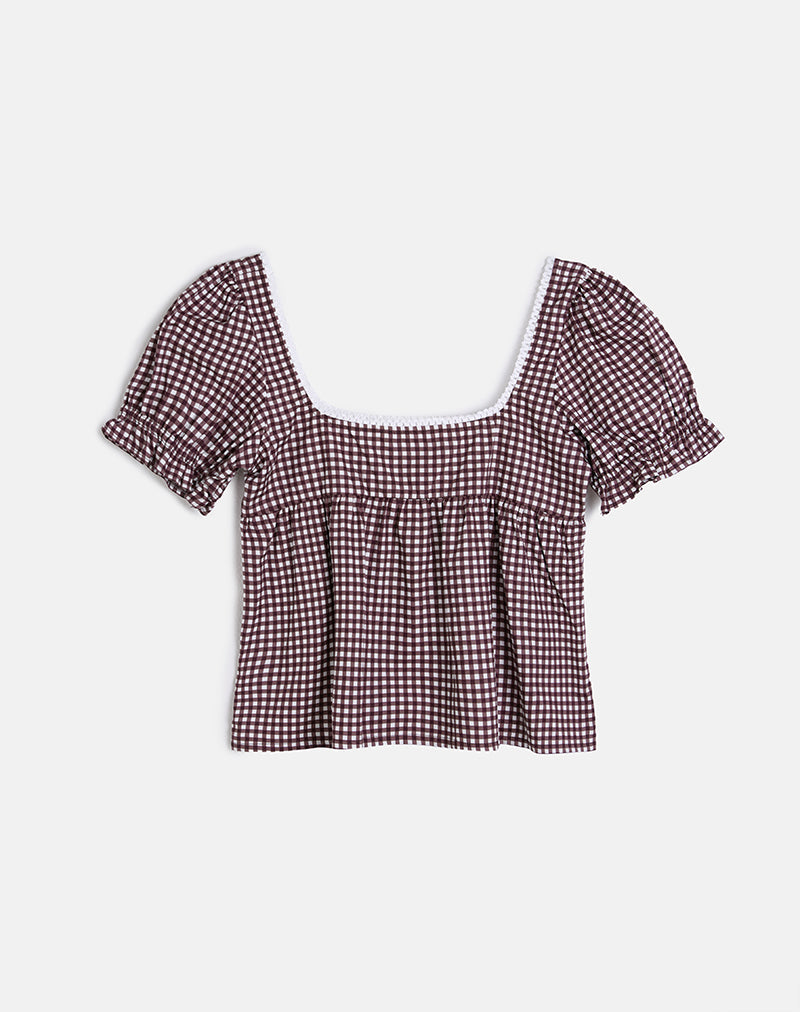 Image of Axoni Square Neck Blouse in Mini Gingham Wine
