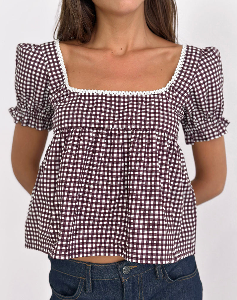 Image of Axoni Square Neck Blouse in Mini Gingham Wine